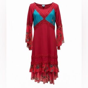 Coline Red Boho Hippie Floral High Low Dress With Flat Lace Details Size Large